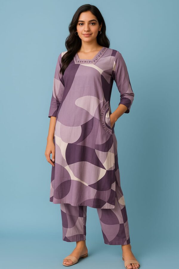 Purple Cotton Coat Set 2-piece with Side Pockets