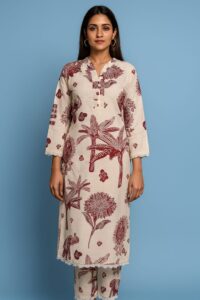 Women Long Khadi Kurti Coat Set with Side Pocket