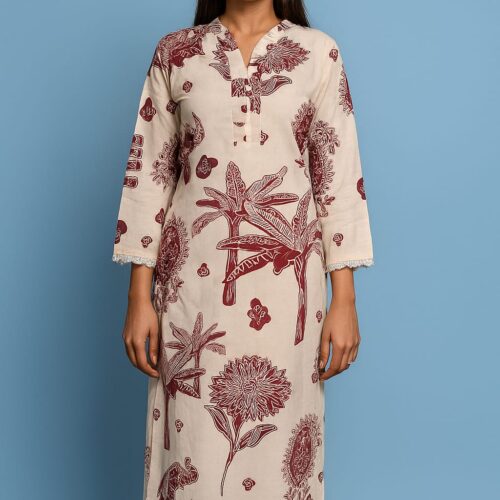 Women Long Khadi Kurti Coat Set with Side Pocket