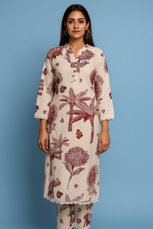 Women Long Khadi Kurti Coat Set with Side Pocket