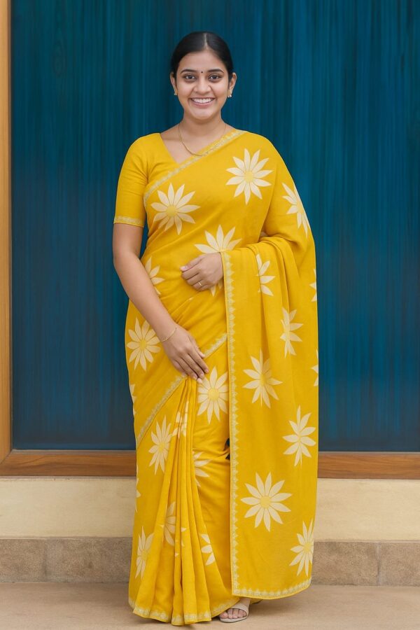 Georgette Yellow Saree with Flower Print