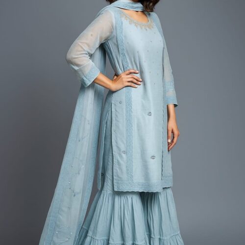 Sky Blue Maslin Suit with beautiful Sharara and Dupatta