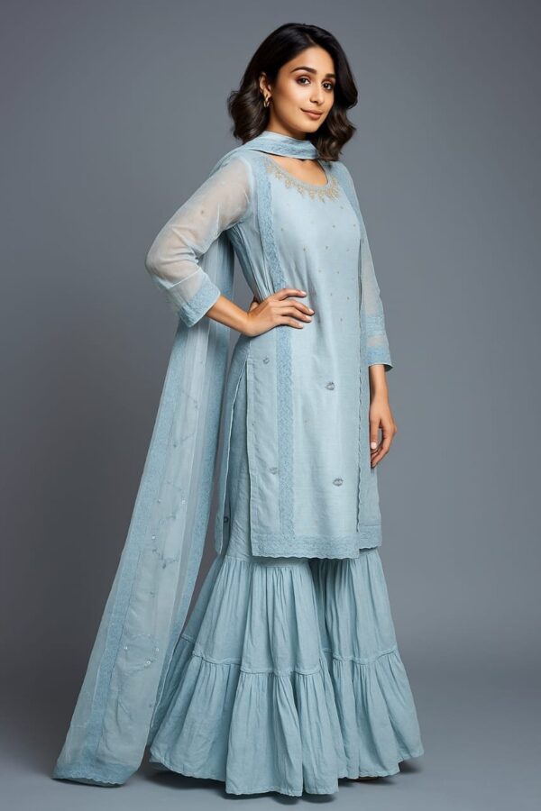 Sky Blue Maslin Suit with beautiful Sharara and Dupatta