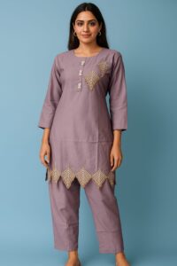 Women Purple Front Cut Work Coat Set