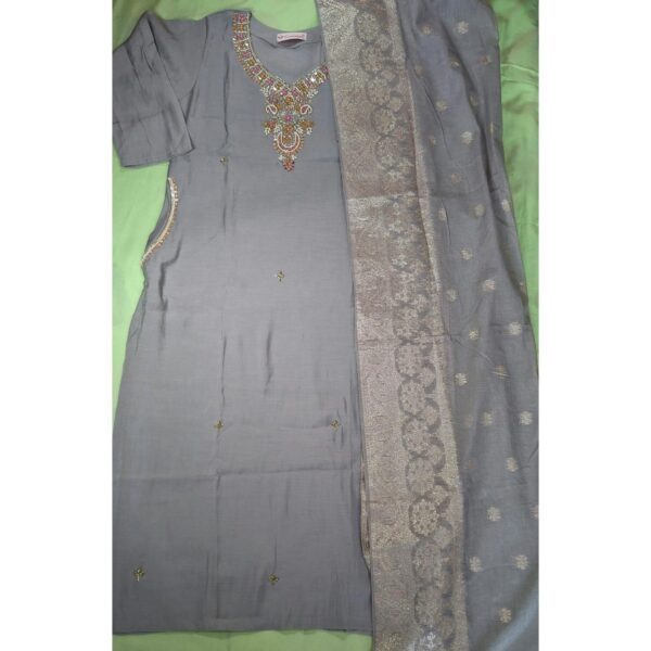 Women 3-Piece Silk Suit with side pockets and Banarasi Dupatta