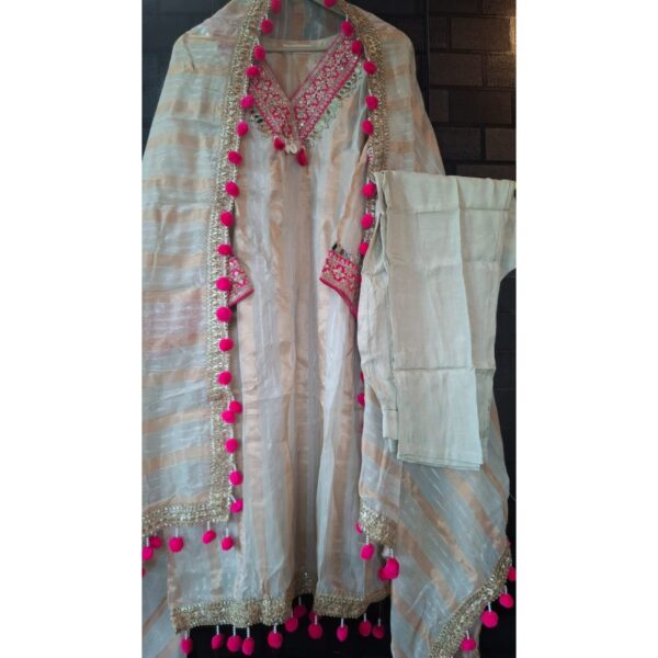 Golden-Magenta Chanderi 3-Pc Silk Suit Set