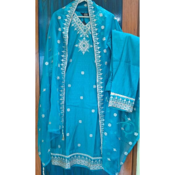 Sky Blue Raw Silk 3-Pc Suit Set with Tassel Dupatta