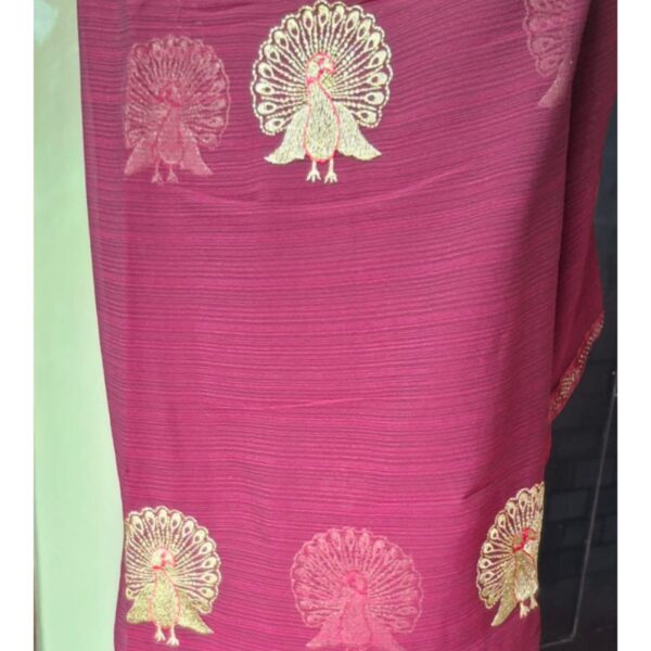 Chiffon Maroon Saree with beautiful peacock golden embroidery