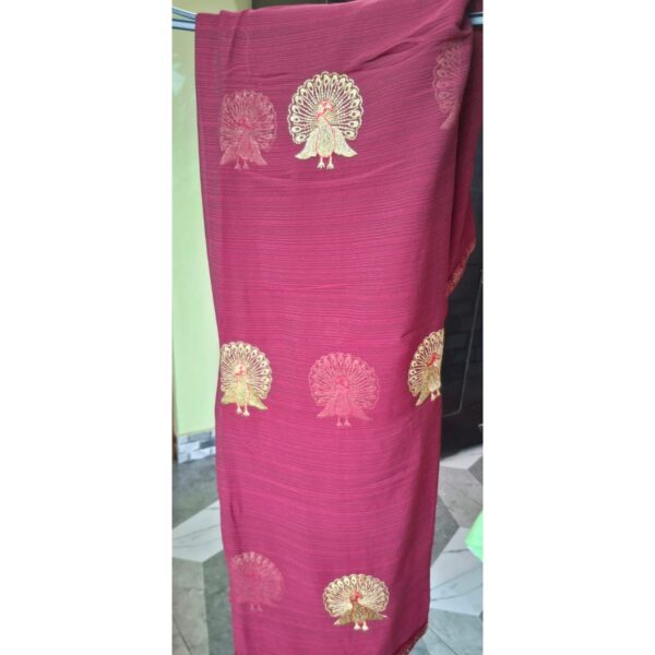 Chiffon Maroon Saree with beautiful peacock golden embroidery
