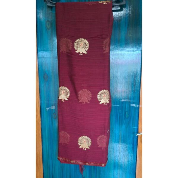 Chiffon Maroon Saree with beautiful peacock golden embroidery