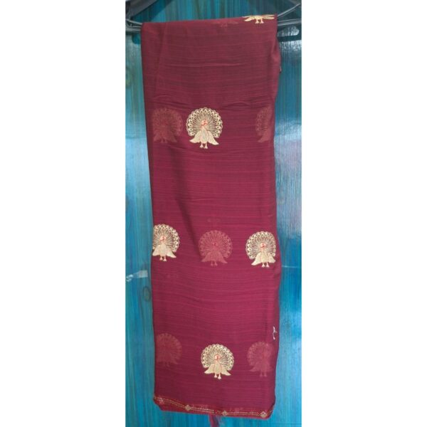 Chiffon Maroon Saree with beautiful peacock golden embroidery