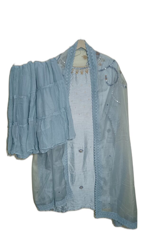 Sky Blue Maslin Suit with beautiful Sharara and Dupatta