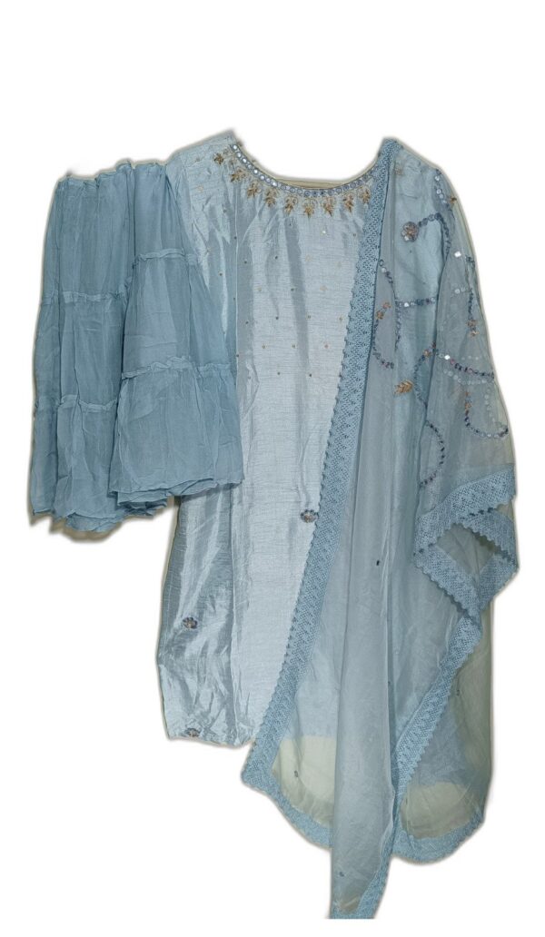 Sky Blue Maslin Suit with beautiful Sharara and Dupatta