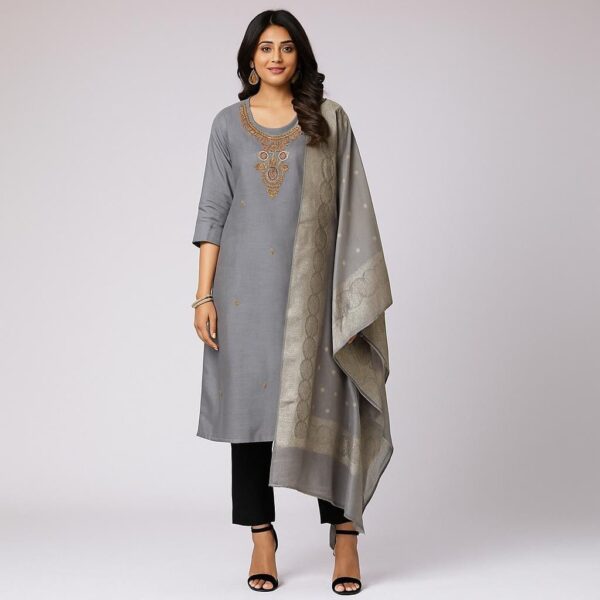 Women 3-Piece Silk Suit with side pockets and Banarasi Dupatta