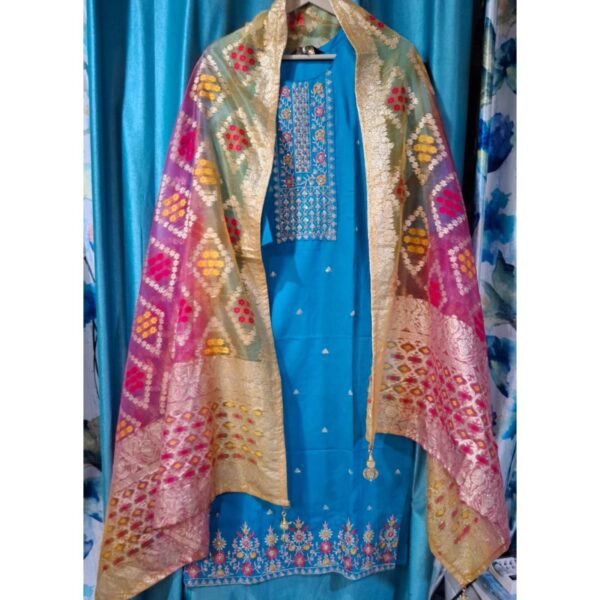 Firozi Teal Blue Cotton Polylaycra with Banarasi Dupatta