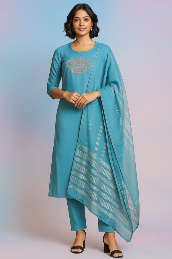 Teal Blue 3-pc Cotton Linen Suit Set