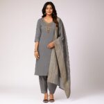 Women 3-Piece Silk Suit with side pockets and Banarasi Dupatta