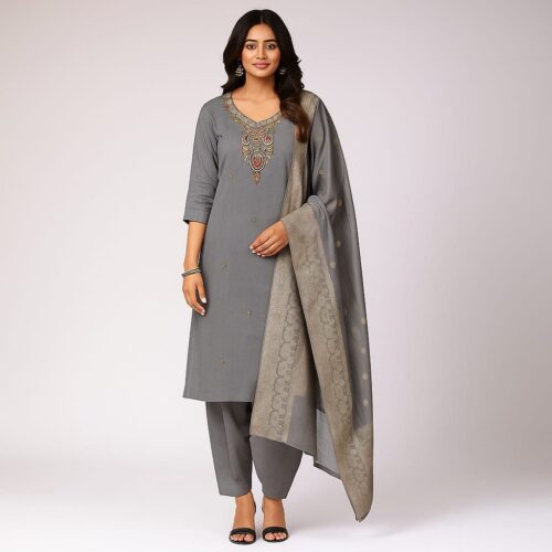 Women 3-Piece Silk Suit with side pockets and Banarasi Dupatta