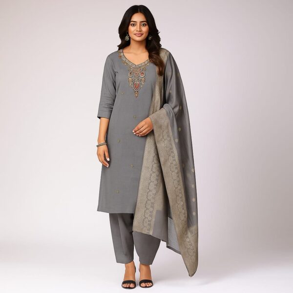 Women 3-Piece Silk Suit with side pockets and Banarasi Dupatta
