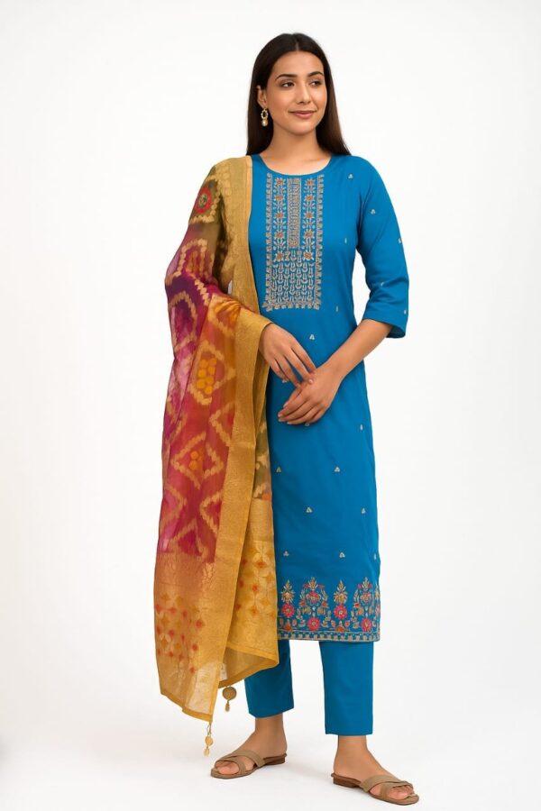 Firozi Teal Blue Cotton Polylaycra with Banarasi Dupatta
