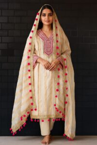 Golden-Magenta Chanderi 3-Pc Silk Suit Set