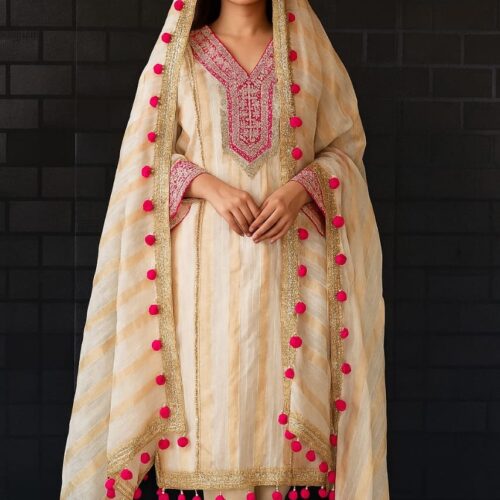 Golden-Magenta Chanderi 3-Pc Silk Suit Set
