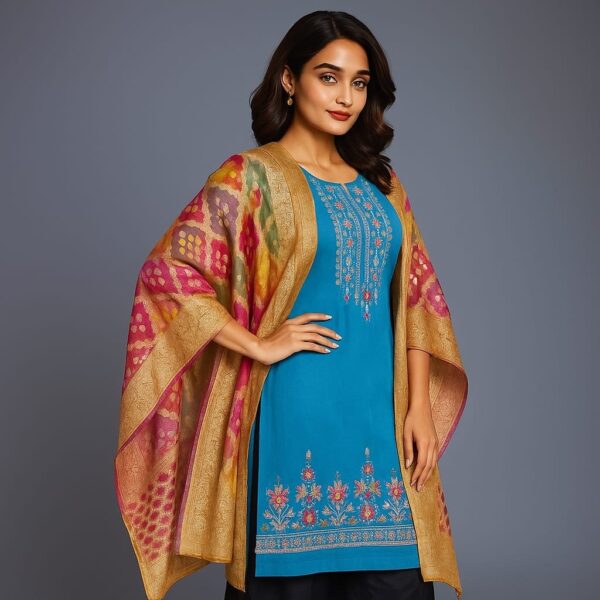 Firozi Teal Blue Cotton Polylaycra with Banarasi Dupatta