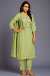 Cotton Suit with Embroidery and Lace Work 3-pc Suit Set (Green)
