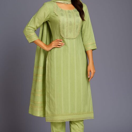 Cotton Suit with Embroidery and Lace Work 3-pc Suit Set (Green)