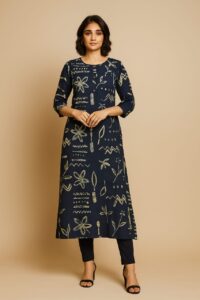 Pure Cotton Dark Blue Kurti with White Print