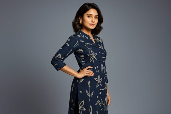 Pure Cotton Dark Blue Kurti with White Print