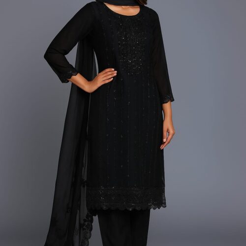 Women Black Georgette Kurta 3-pc Suit Set