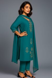 Women Zari Embroidery Silk 3-pc suit set (Firozi Green)