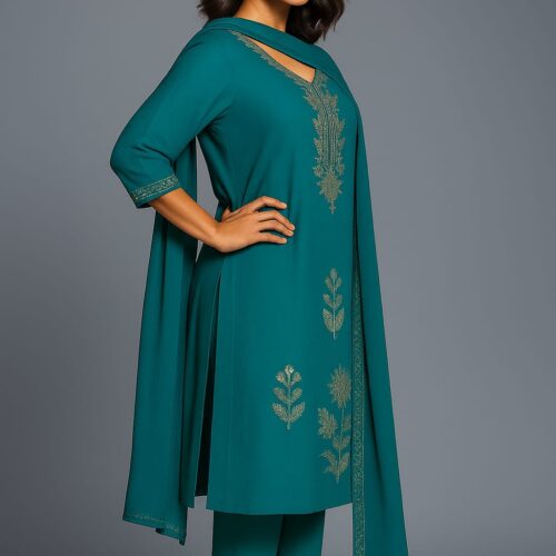Women Zari Embroidery Silk 3-pc suit set (Firozi Green)