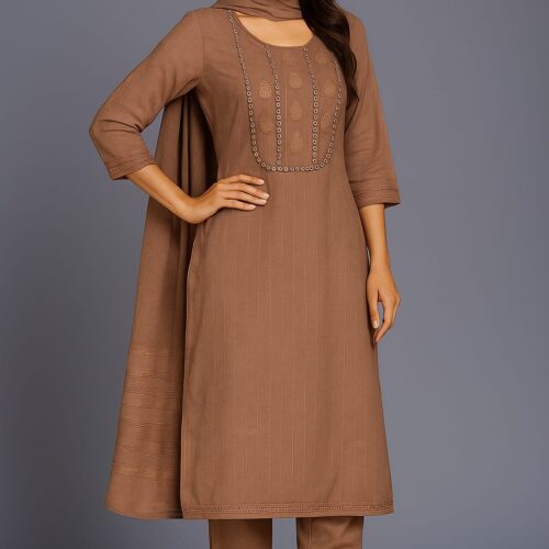 Cotton Suit with Embroidery and Lace Work 3-pc Suit Set (Brown)