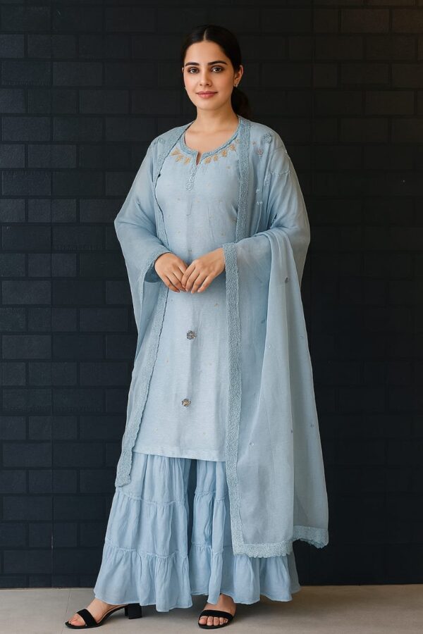 Sky Blue Maslin Suit with beautiful Sharara and Dupatta
