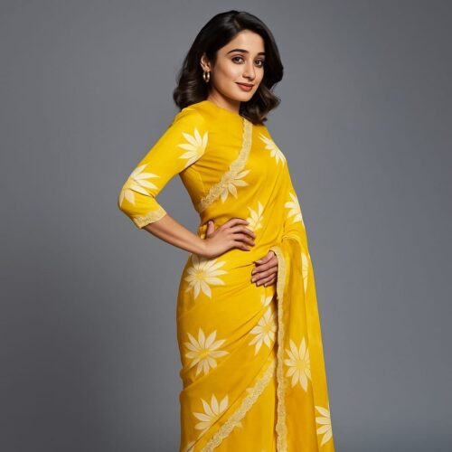 Georgette Yellow Saree with Flower Print