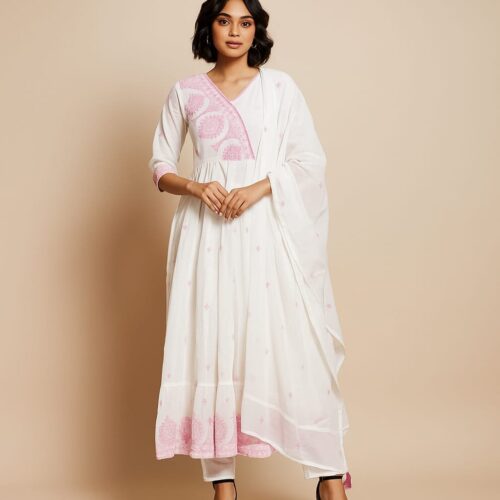 White pure malmal cotton 3 pc suit set anarkali