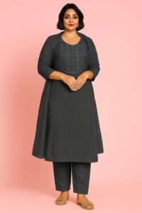 Cotton Suit with Embroidery and Lace Work 3-pc Suit Set (Grey)