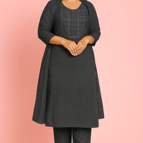 Cotton Suit with Embroidery and Lace Work 3-pc Suit Set (Grey)