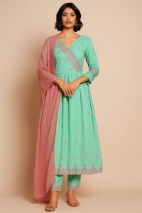 Women Cotton Frock Suit 3-pc Set (Cyan)