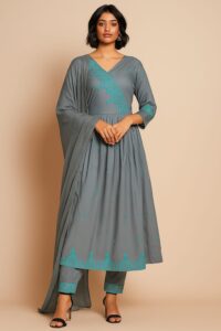 Women Cotton Frock Suit 3-pc Set (Grey)