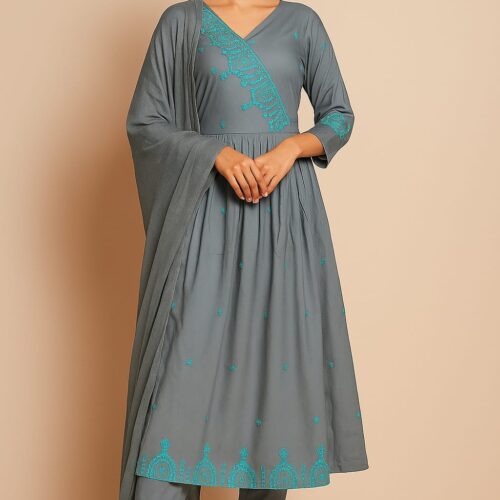 Women Cotton Frock Suit 3-pc Set (Grey)