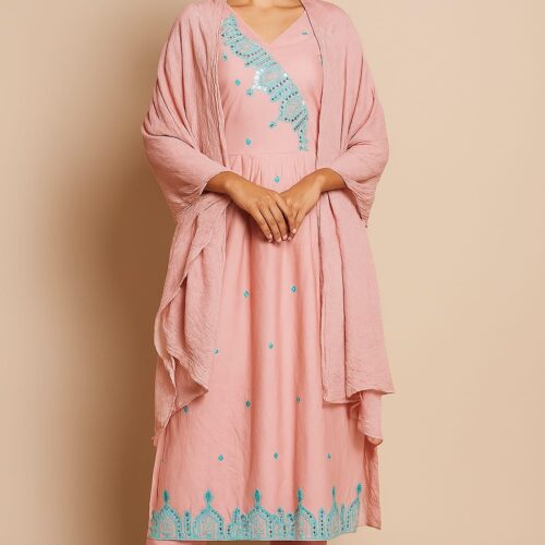 Women Cotton Frock Suit 3-pc Set (Peach)