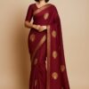 Chiffon Maroon Saree with beautiful peacock golden embroidery