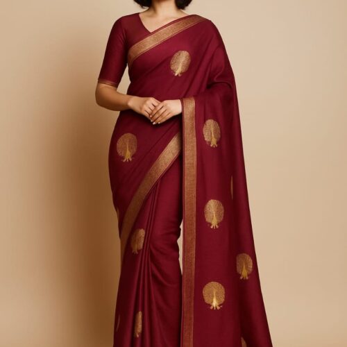 Chiffon Maroon Saree with beautiful peacock golden embroidery