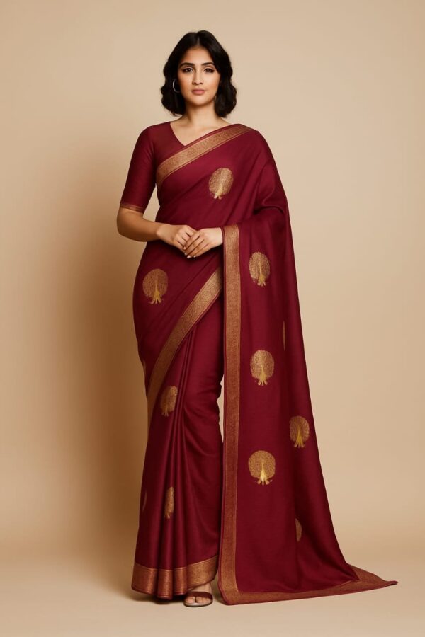 Chiffon Maroon Saree with beautiful peacock golden embroidery