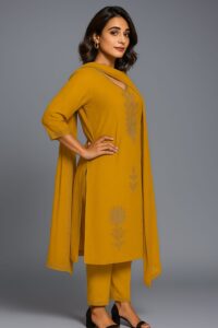 Women Zari Embroidery Silk 3-pc suit set (Yellow)