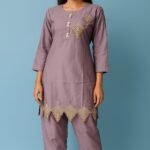 Women Purple Front Cut Work Coat Set