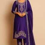 Beautiful Women Purple Chiffon 3-Pc Suit Set💜 with Golden Embroidery ⭐